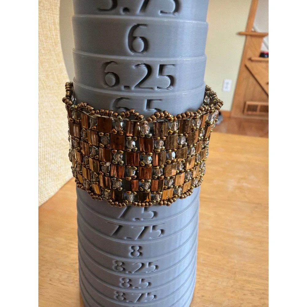 Handmade Gold Tile Beaded Cuff Bracelet Bronze Crystal Statement Slide Clasp